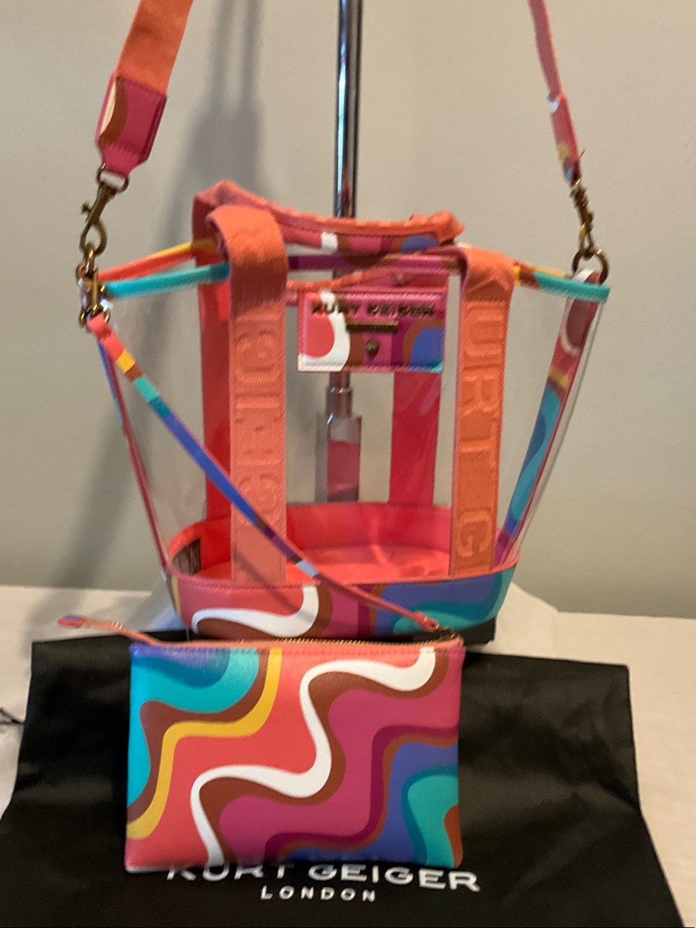 Kurt Geiger Clear Bucket Bag with Coral Pink Straps & Multicolor Swirl